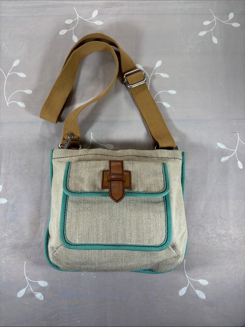 Fossil Canvas Crossbody Shay Bag with Teal Trim Vintage Look Neutral Color